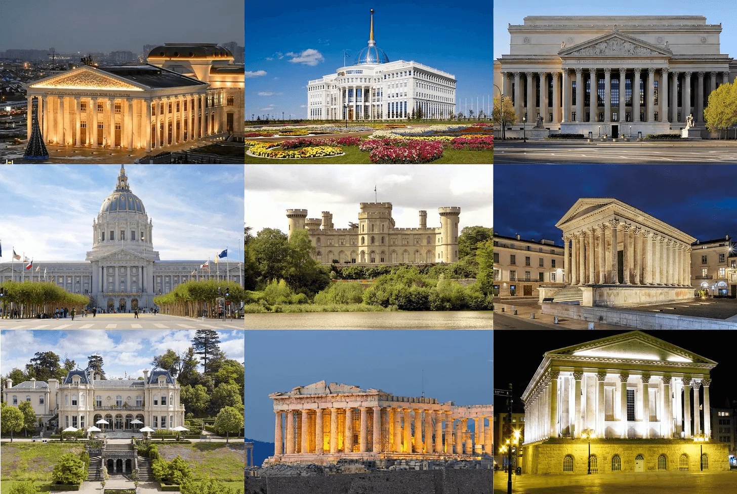 Beautiful Buildings; Astana Opera, Ak Orda Presidential Palace, Birmingham Town Hall, The San Francisco Civic Center, National Archives Building, Maison Carrée, Parthenon, Beaverbrook, Eastnor Castle